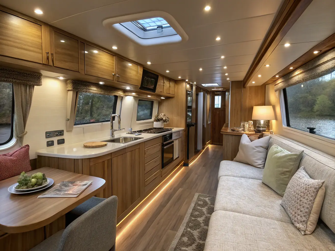 A detailed image of a restored narrowboat hull, showing the fresh paintwork and traditional craftsmanship details, emphasizing the meticulous attention to detail in hull restoration.