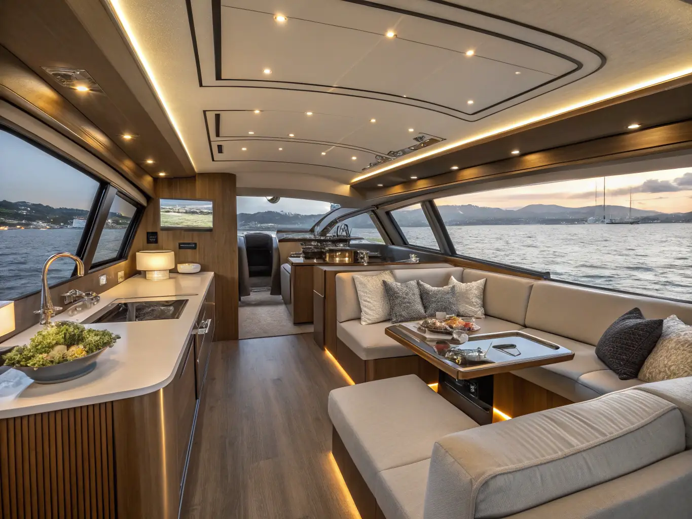 A photo of a vintage yacht interior with modern amenities seamlessly integrated into the classic design, highlighting the seamless blend of tradition and modernity.